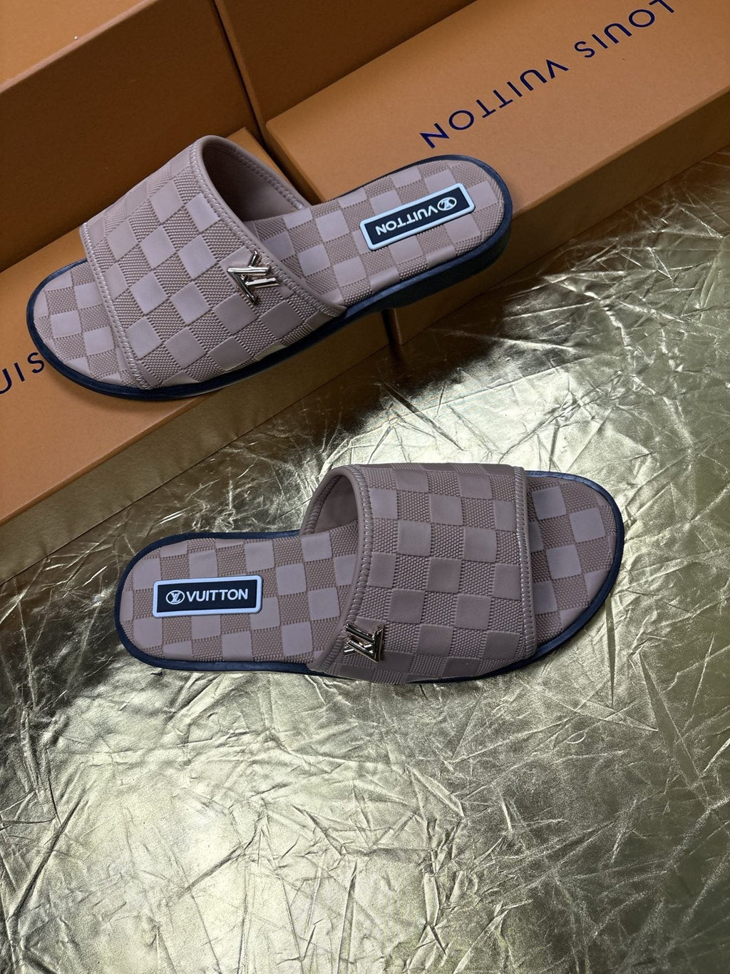 Louis Vuitton Checker-Pattern Slide Sandals — front